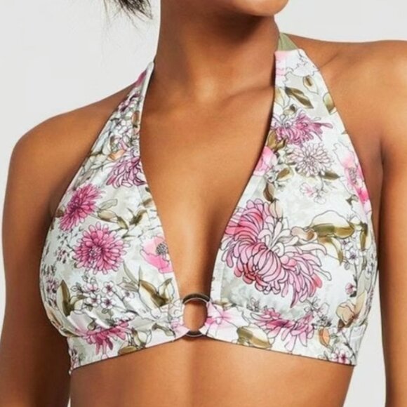 NEW NWT MOSSIMO Ring Halter Triangle Bikini Top Green Pink White Floral JRS ? XL - Picture 1 of 14